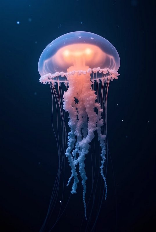 Glowing bioluminescent pink and blue jellyfish floating serenely in dark deep ocean water with ti...