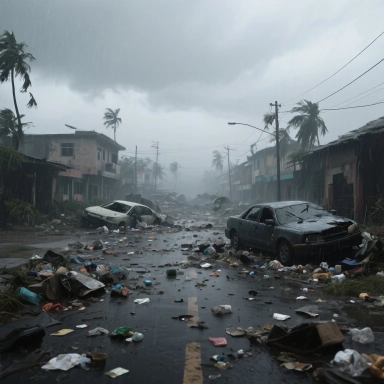 Post-hurricane residential street covered in debris, wrecked cars, and wind-bent palm trees durin...