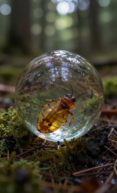Clear glass orb holding a translucent golden beetle rests on mossy sun-dappled forest floor, blur...