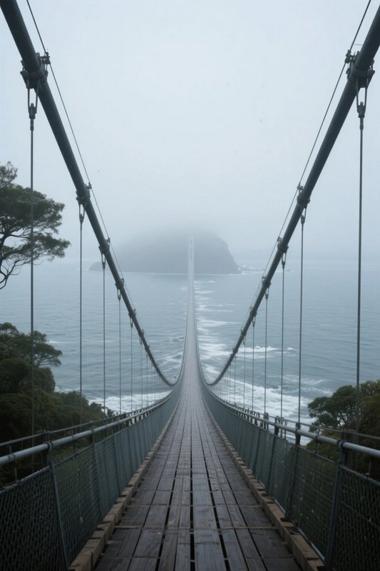 Perspective view down a long wooden suspension footbridge stretching across foggy ocean to a mist...