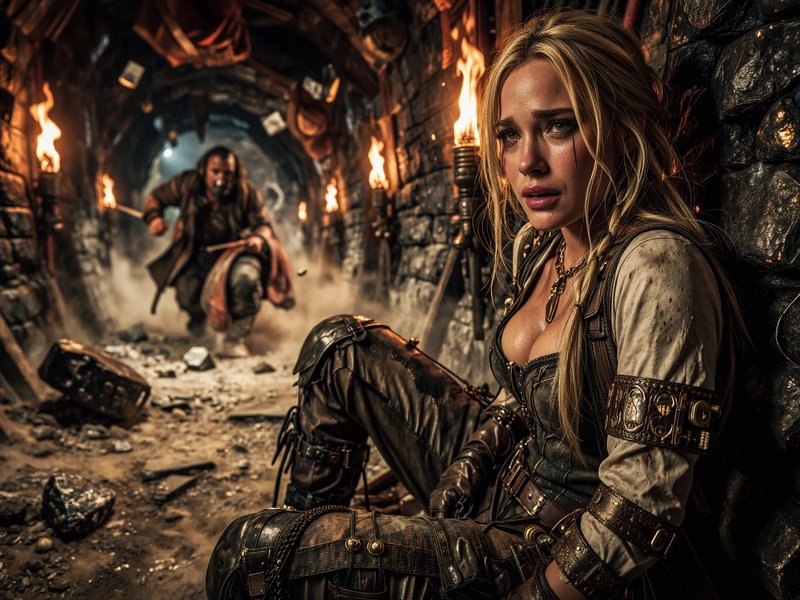 Distressed blonde steampunk adventurer leans on stone tunnel wall as a threatening man charges to...