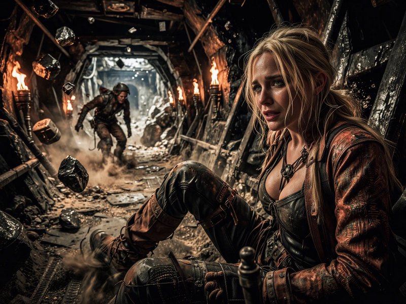 Worried blonde adventurer sits in a torch-lit mine tunnel during a collapse, with falling rocks a...