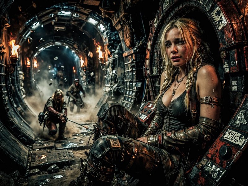 Weary blonde steampunk survivor rests against a bulkhead in a burning damaged spacecraft corridor...