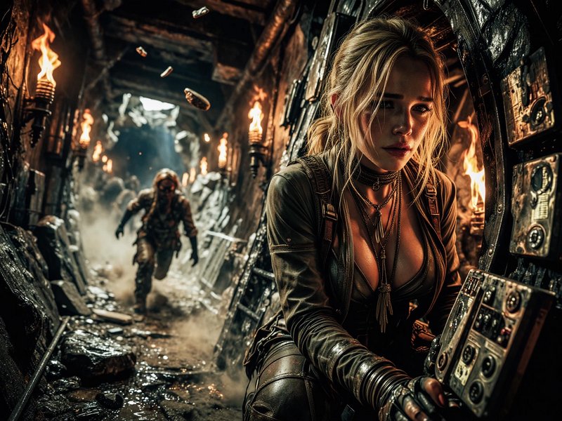 Blonde adventurer operates a control panel as a figure runs down a burning, torch-lit collapsing ...