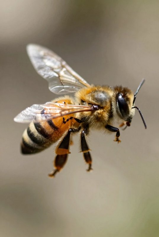 Close-up macro of a fuzzy honey bee mid-flight, with translucent veined wings and striped abdomen...
