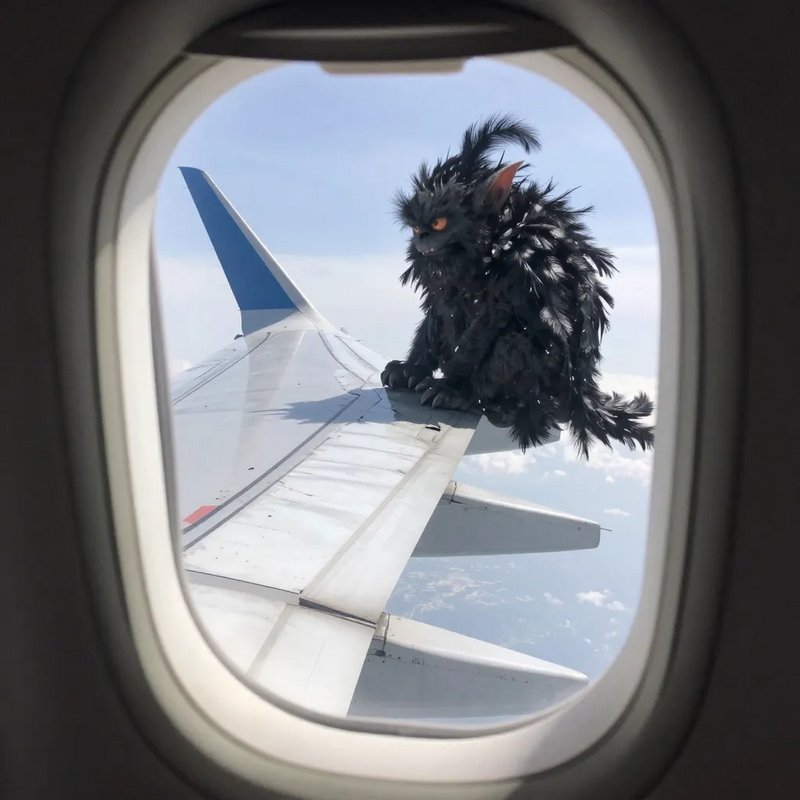 View through an airplane porthole of a spiky black feathered fantasy gremlin perched on the aircr...
