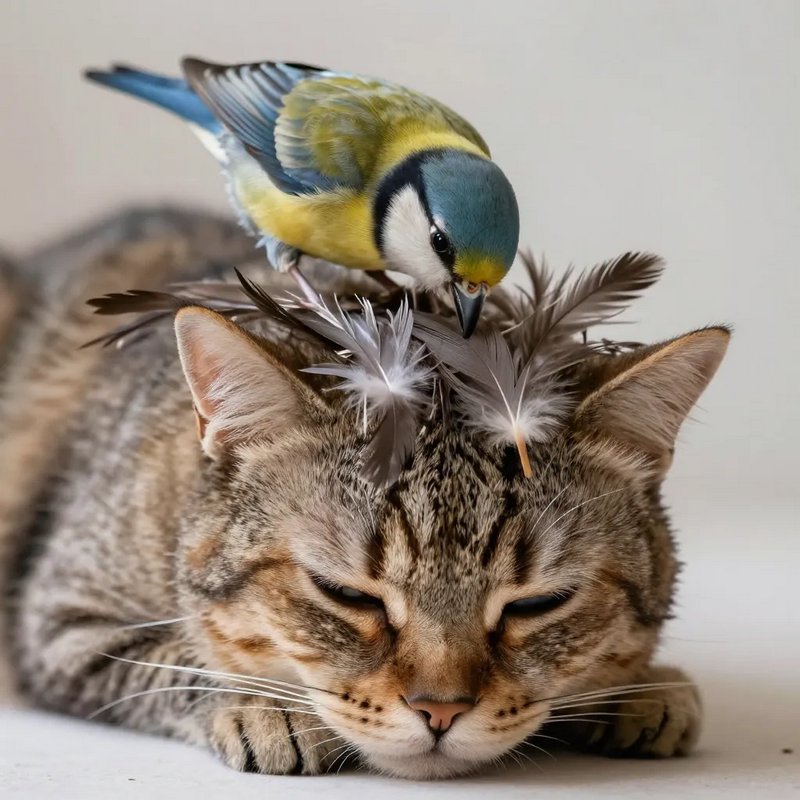 Colorful blue tit bird perches on a sleepy tabby cat, arranging soft feathers into a small crown ...