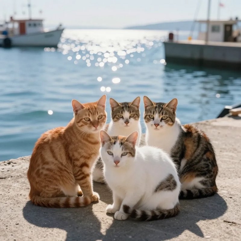 Four domestic cats sit together on a sunlit concrete harbor pier overlooking calm glistening coas...