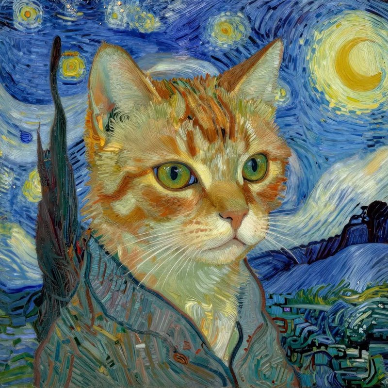 Impressionist portrait of an orange tabby cat with green eyes, set against Van Gogh Starry Night ...