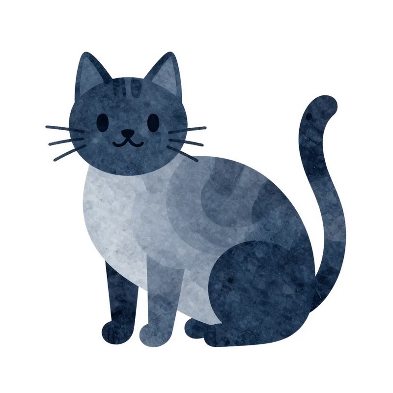 Textured watercolor illustration of a friendly sitting blue tabby cat, isolated on a plain white ...