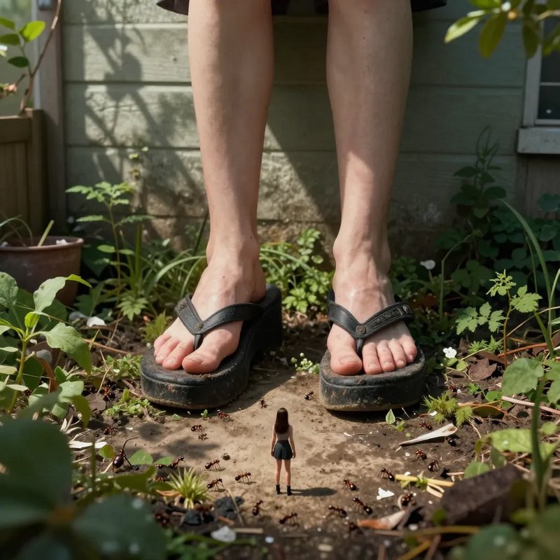 Surreal fantasy scene: tiny miniature figure stands between giant feet on garden dirt, surrounded...