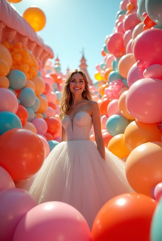 Smiling bride in a beaded tulle wedding dress stands between rows of bright pastel balloons on a ...