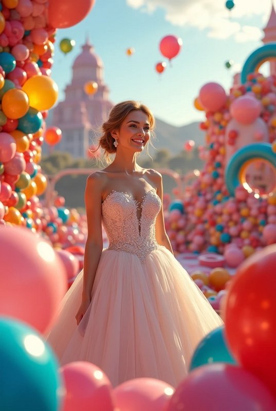 Smiling bride in a blush ballgown stands surrounded by bright balloons at a whimsical fairytale w...