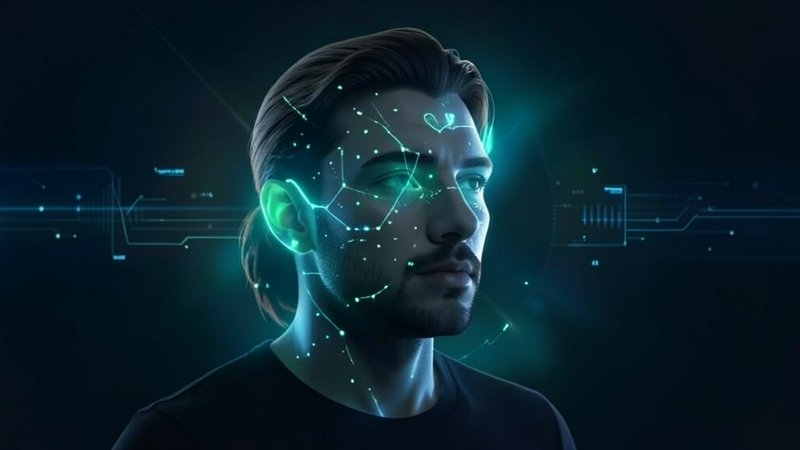 Futuristic portrait of a man overlaid with glowing teal biometric facial scan lines against a dar...