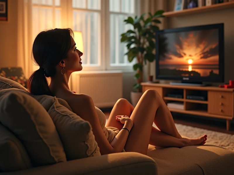 Woman relaxing on a plush beige couch watching TV in a warm golden hour lit cozy living room