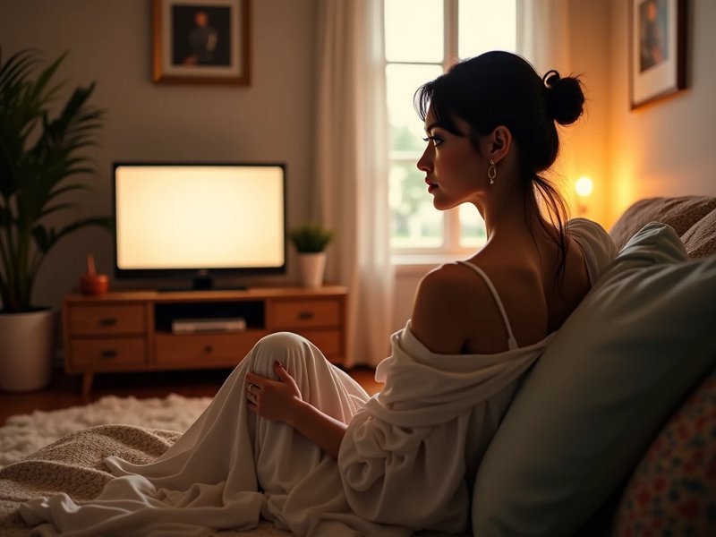 Side profile of a relaxed woman in white loungewear sitting on a couch facing a glowing TV in a c...