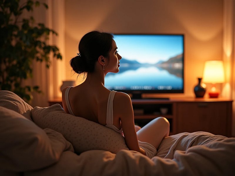 Back view of a woman relaxing on a plush couch, watching TV in a warm softly lit evening living room