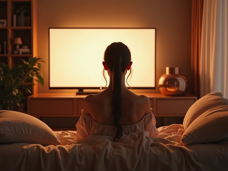 Back view of woman wearing headphones sitting in bed watching a glowing flat screen TV in a warm ...