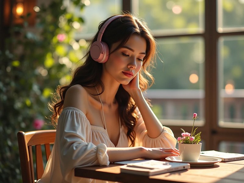 Serene woman wearing pink headphones rests with closed eyes at a sunlit wooden table beside a lar...