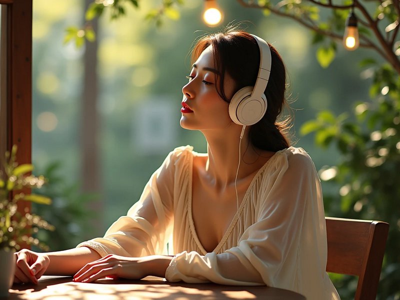 Serene woman wearing white over-ear headphones sits with eyes closed, enjoying music in a sunlit ...