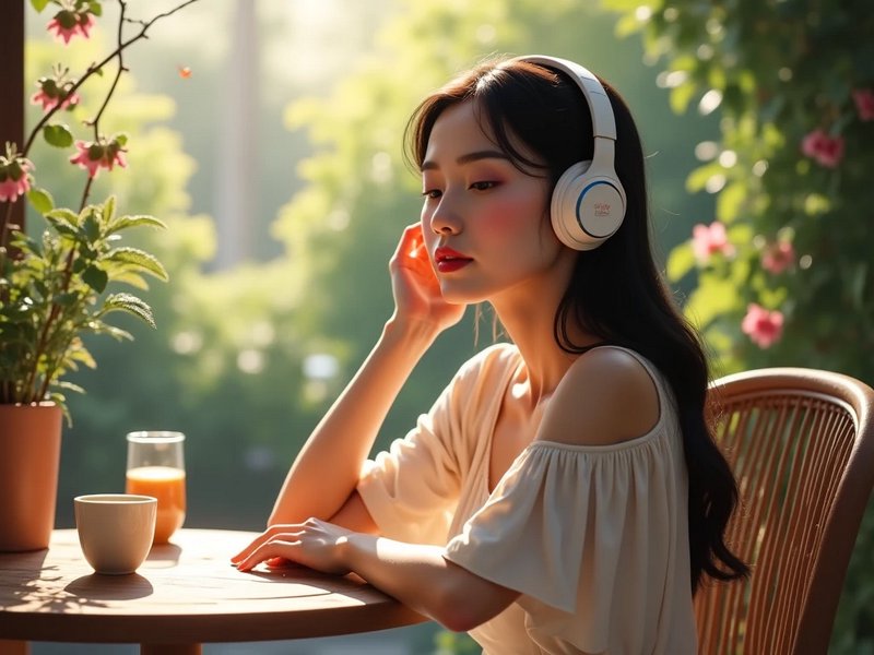 Young woman wearing white over-ear headphones relaxes at a sunlit patio table with drinks, surrou...