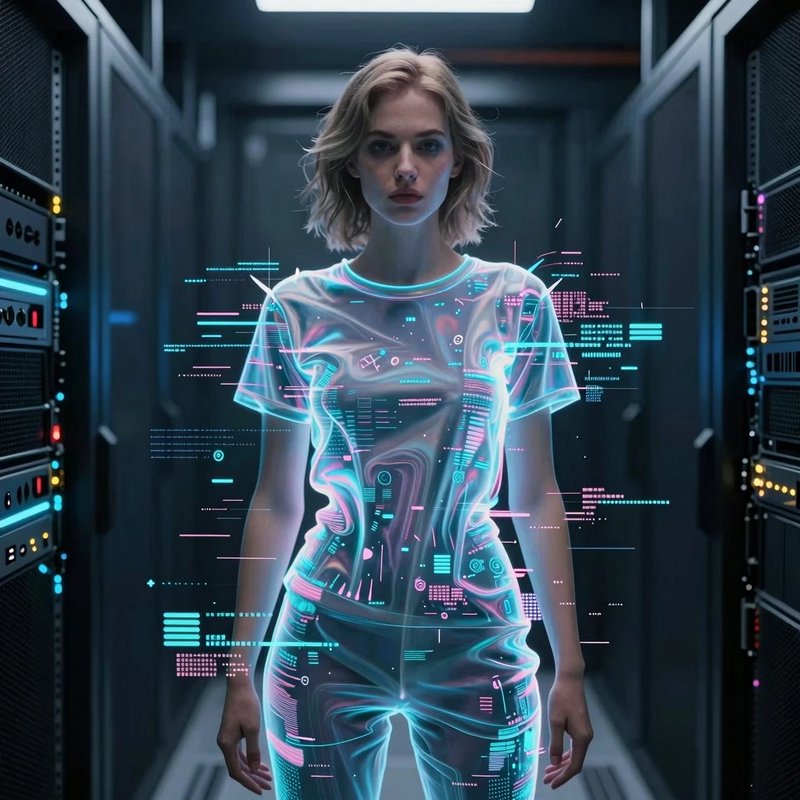 Blonde futuristic woman stands in a server room with glowing holographic data overlays on her tra...