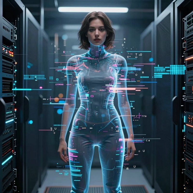Translucent holographic female AI with floating data UI stands in a dim server room corridor