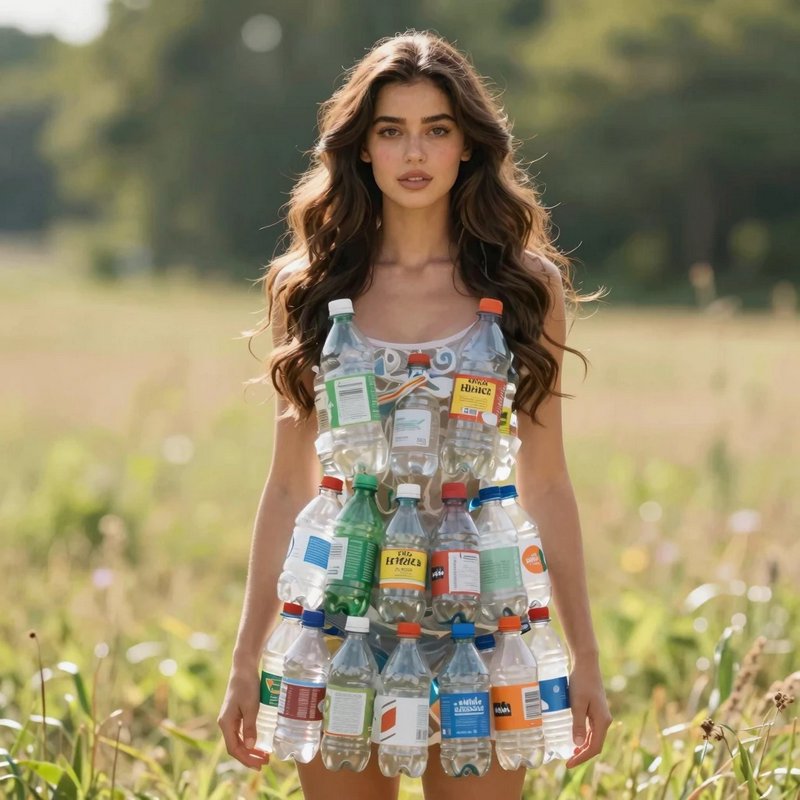 Young woman wearing a dress constructed from plastic bottles stands in a sunlit grassy meadow.