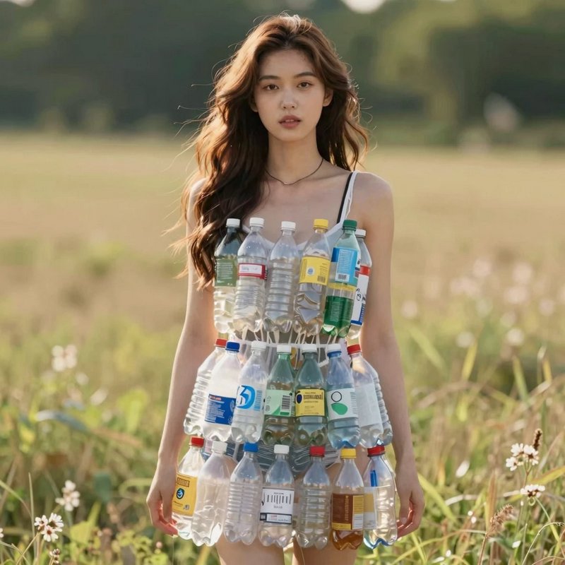 Young woman wearing a dress constructed from repurposed plastic bottles stands in a sunlit wildfl...