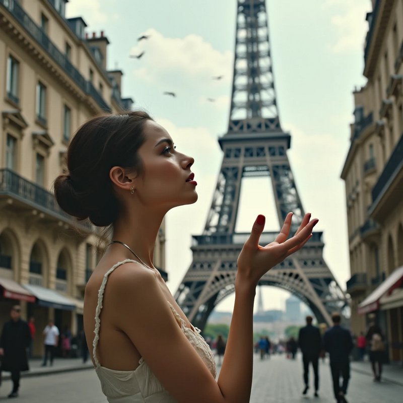 Elegant profile view of a young woman with outstretched hand, standing on a Paris street with the...