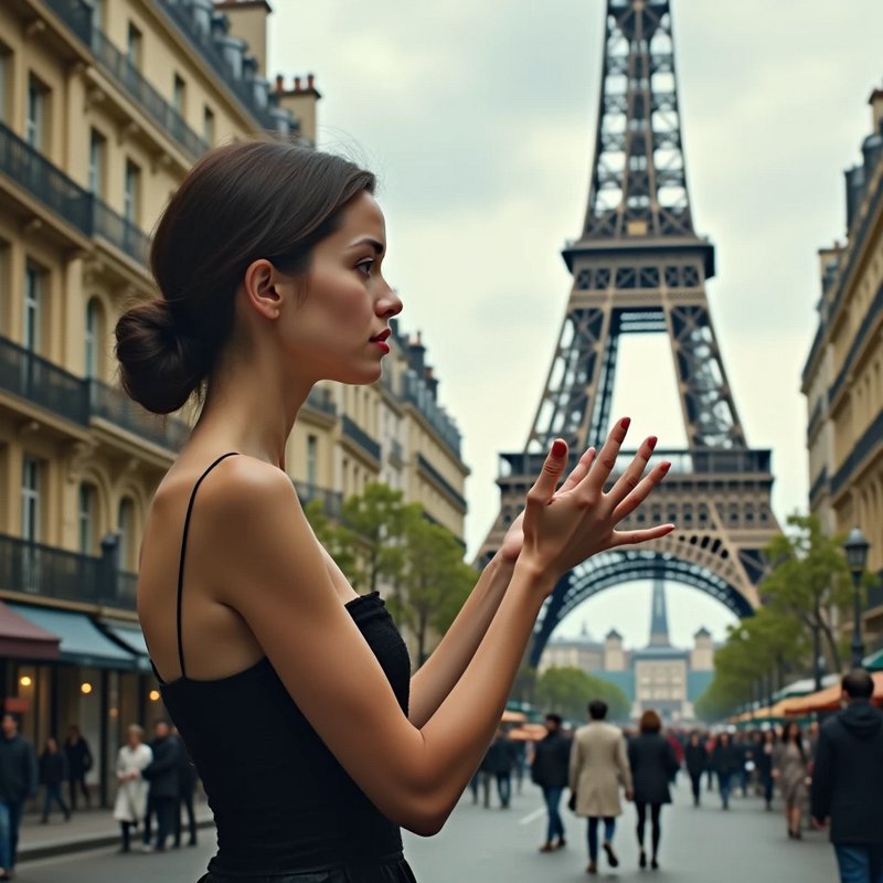 Profile view of elegant woman with raised hands, standing on a Paris street with the Eiffel Tower...