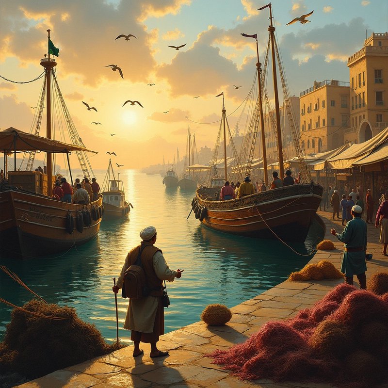 Golden hour view of a bustling historic port, with wooden sailing dhows, market stalls, and local...