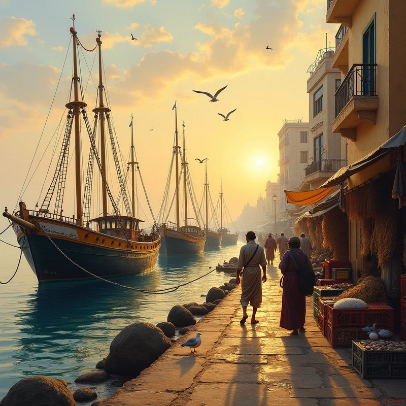 Historic waterfront harbor at golden hour, docked sailing ships line a stone promenade with pedes...