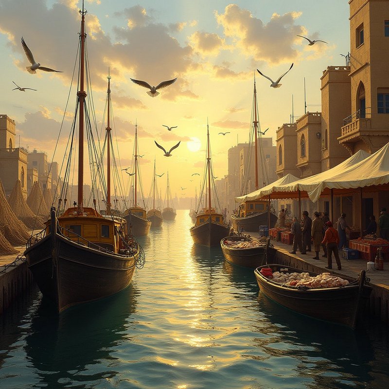 Golden sunset over a historic canal port lined with wooden sailboats, market stalls, and flying s...