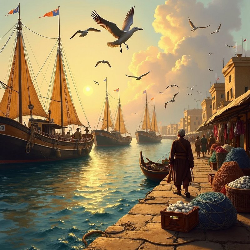 Historic golden hour harbor scene with wooden sailboats, flying seagulls, and a fisherman walking...