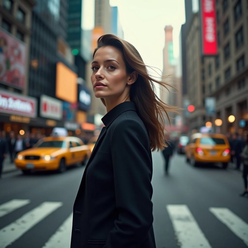 Confident businesswoman in a black blazer stands on a busy New York crosswalk, yellow taxis blurred in the city background.