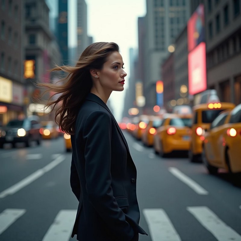 Confident professional woman in a black blazer stands in a NYC crosswalk, wind blowing her hair, yellow taxi traffic