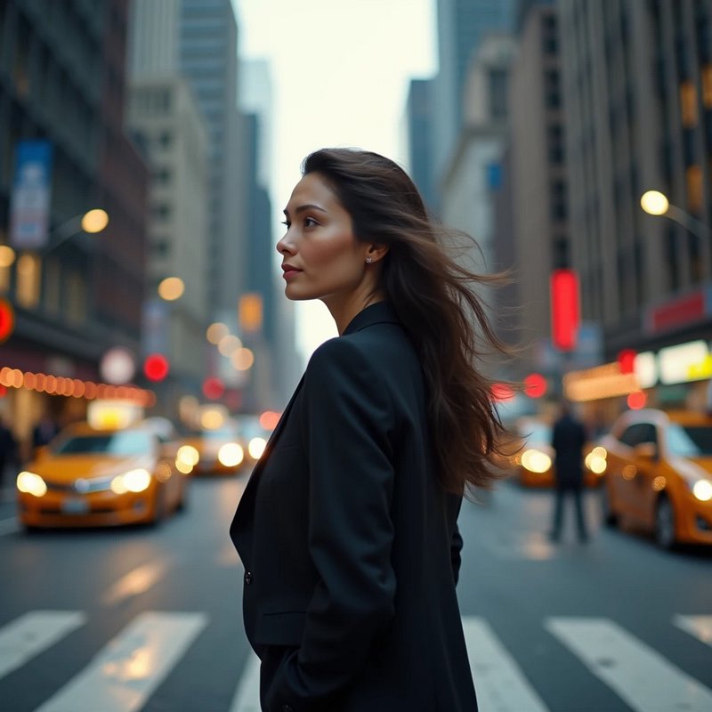 Confident professional woman in a black blazer stands on a NYC crosswalk at dusk, wind in her hair, blurred yellow taxis