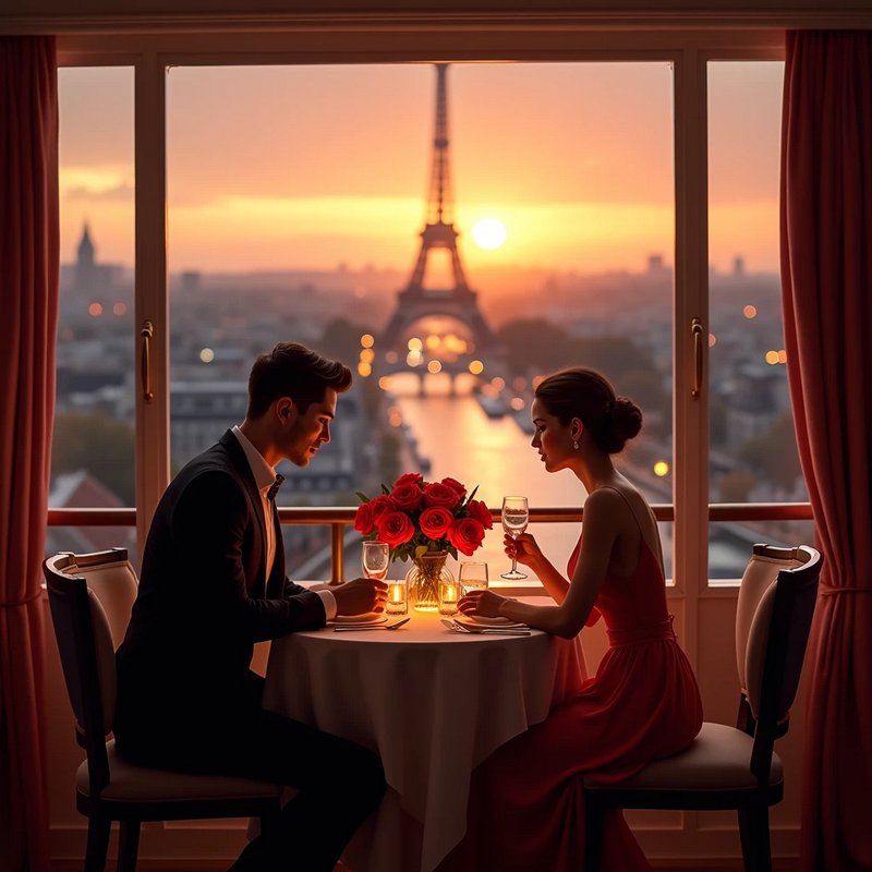 Elegant couple enjoying a romantic dinner overlooking the Eiffel Tower at golden sunset in Paris