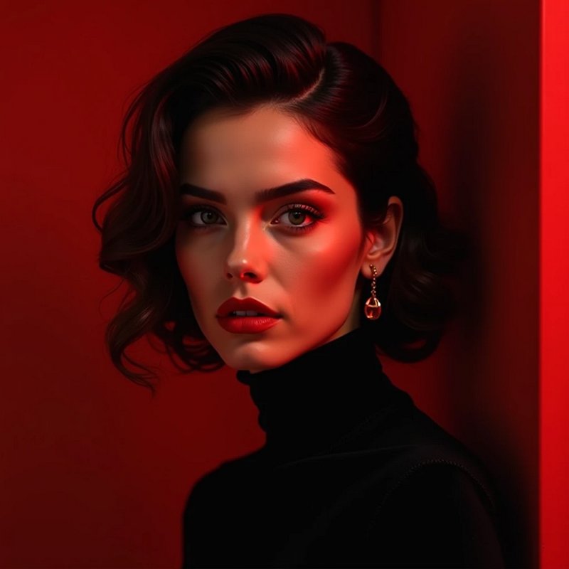 Dramatic closeup portrait of an elegant woman with vintage wavy hair lit by warm red studio lighting against a solid red