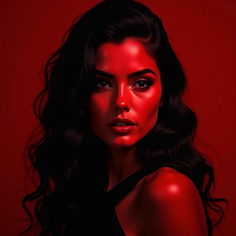 Dramatic portrait of a woman with long wavy dark hair, lit with bold red lighting against a solid red background.