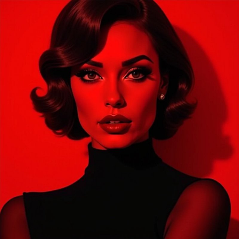 Close-up portrait of glamorous retro woman with wavy bob under dramatic red lighting against a solid red background.