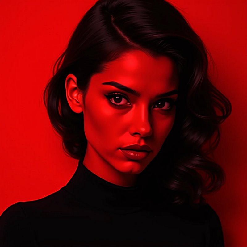 Dramatic stylized portrait of a woman with dark wavy hair, lit by vivid red lighting against a solid red background