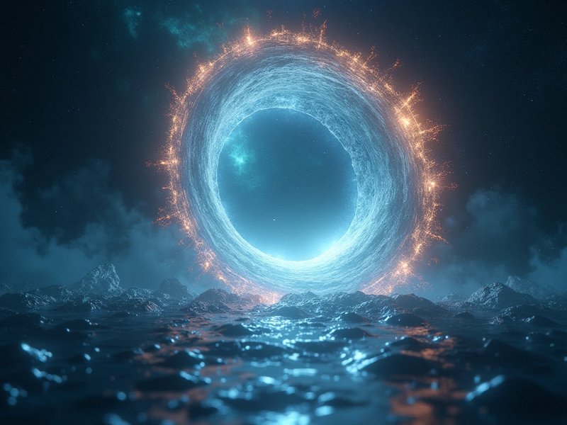 Glowing swirling interdimensional portal hovering above a rippled alien ocean under a starry night sky