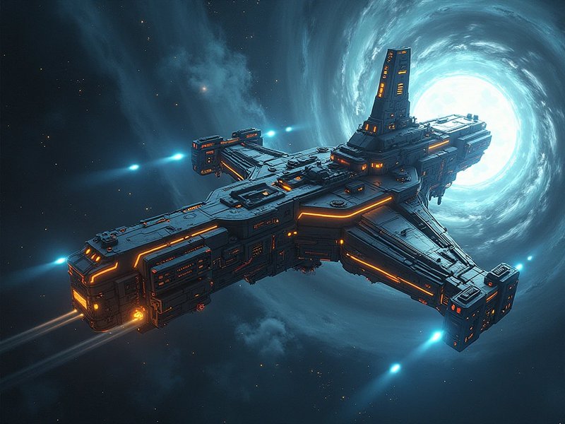 Massive futuristic sci-fi battleship approaches a glowing swirling blue wormhole in deep starry space