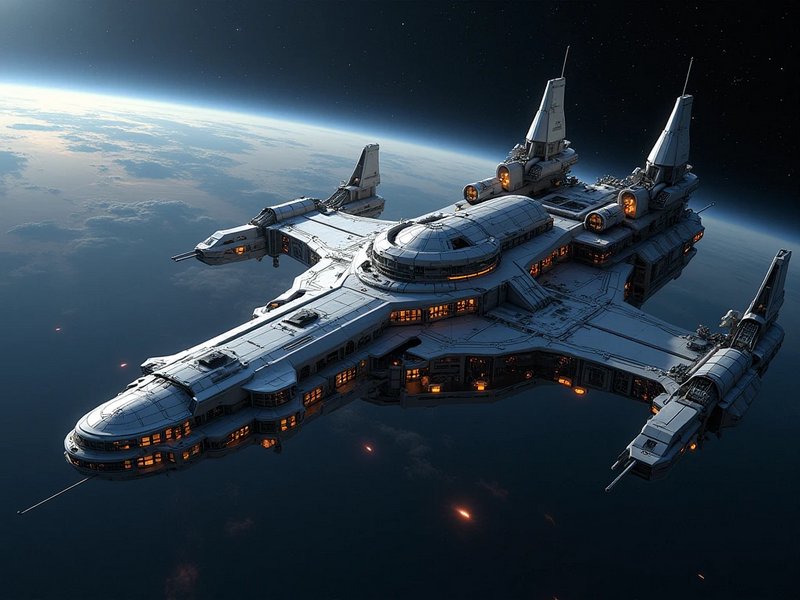 Large futuristic sci-fi starship orbits above a cloudy planet in starry outer space