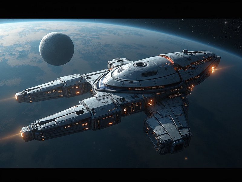 Futuristic sci-fi starship orbits a cloudy blue alien planet beside a small rocky moon.
