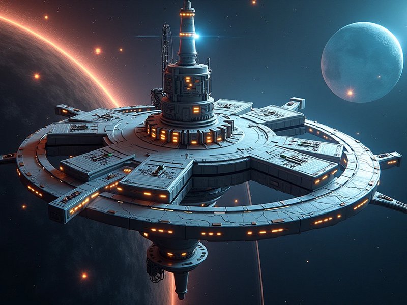 Futuristic circular orbital space station floating in deep space between two alien planets