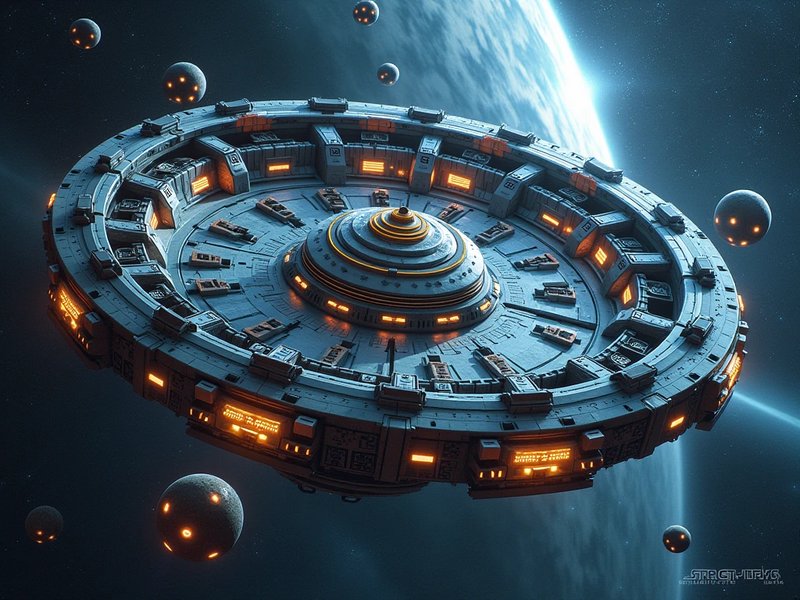 Circular futuristic space station floating in deep space near a glowing blue alien planet