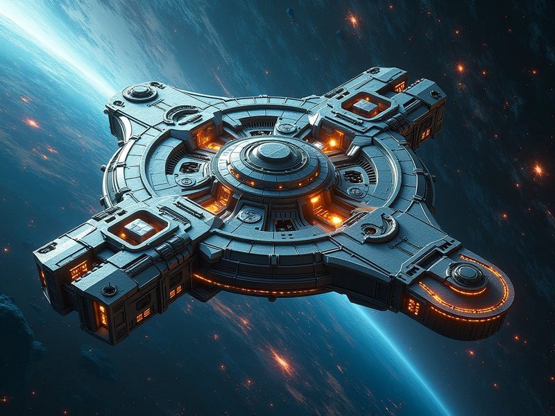 Intricate radial sci-fi space station floating in orbit above a glowing blue deep space backdrop